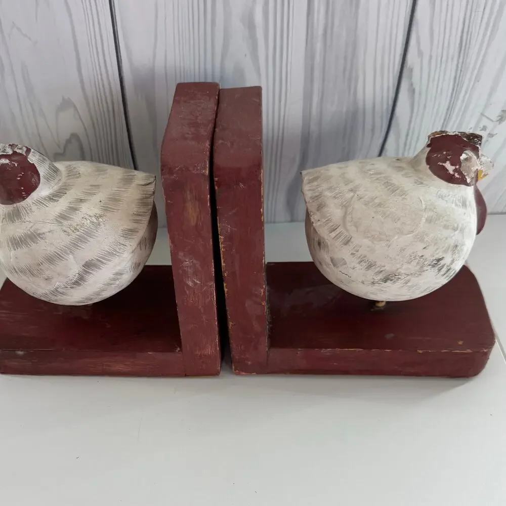 Chicken Bookends, Hand Carved Painted Wood - Bead and Tail